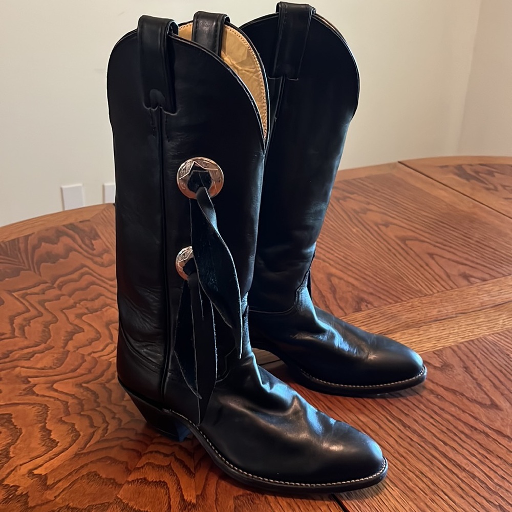 Vintage Chippewa Black Leather Concho Tassel Split Cowboy Cowgirl Boots 7.5 8 M